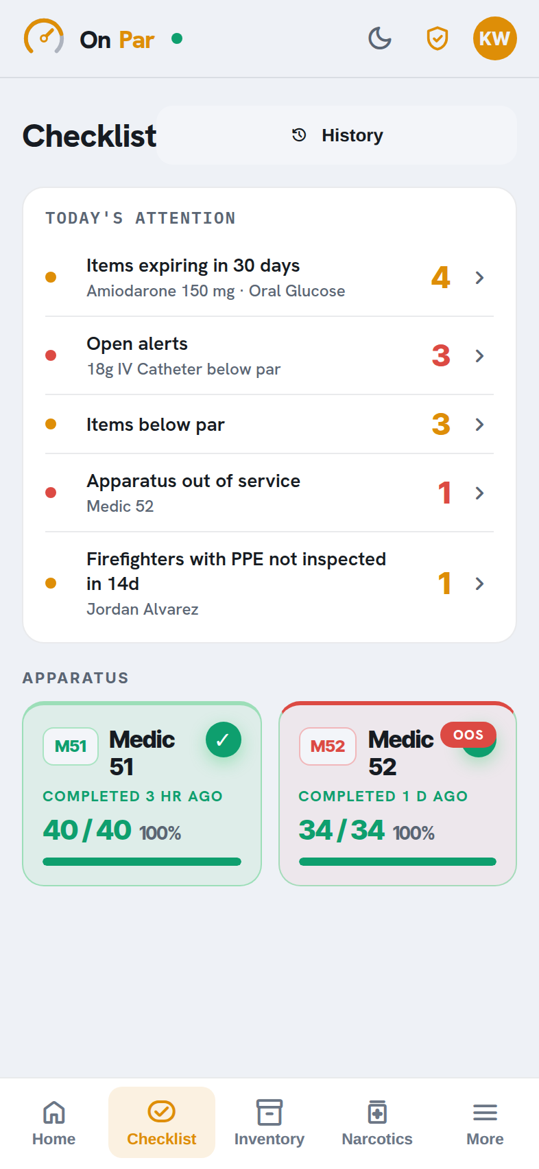 OnPar checklist screen on iPhone