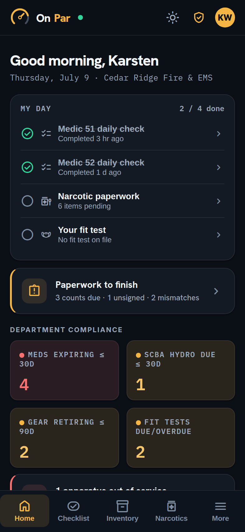 OnPar home screen on iPhone — My Day checklist, compliance tiles, paperwork alerts