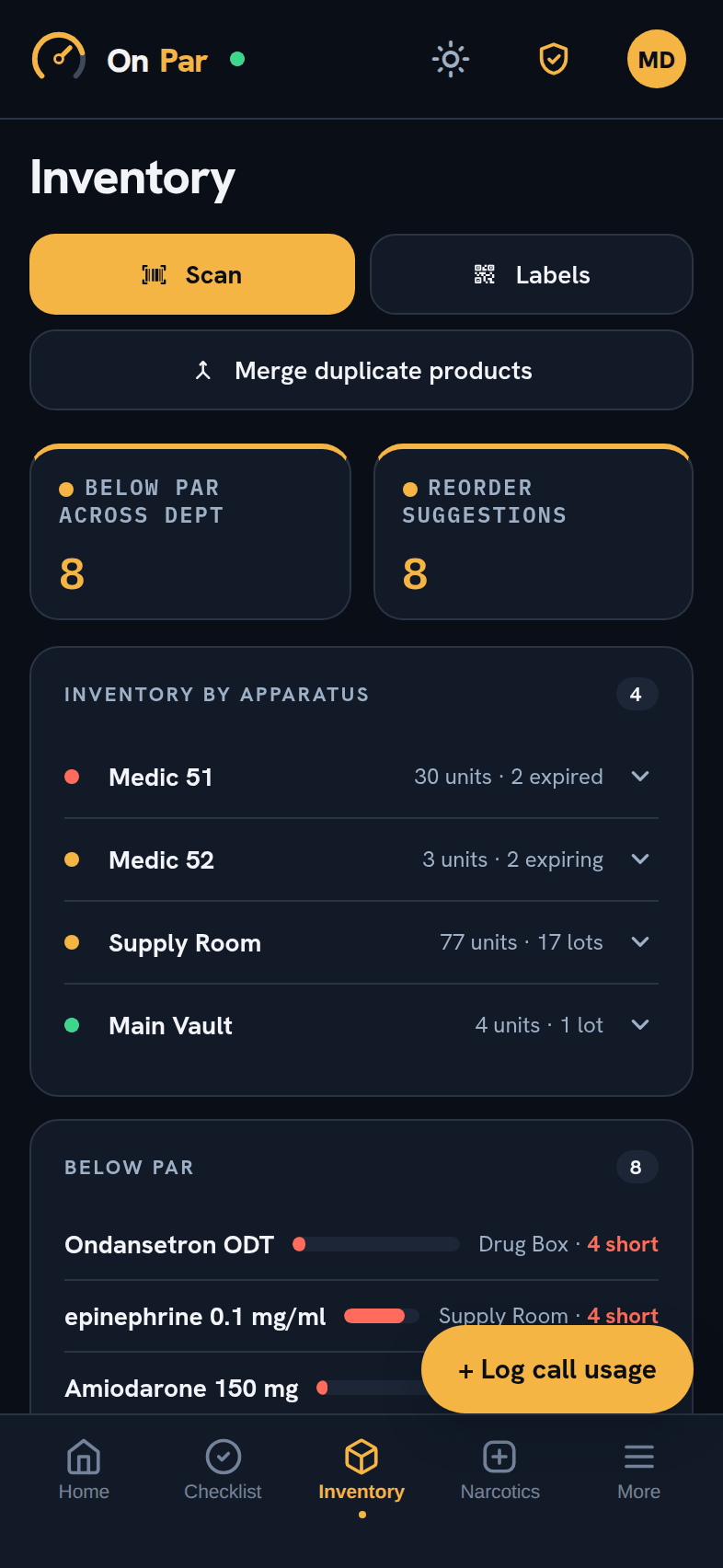 OnPar inventory on an iPhone — 4 items below par across the department with reorder suggestions, stock counted per rig and per supply room, and a below-par list naming each short item and where it lives