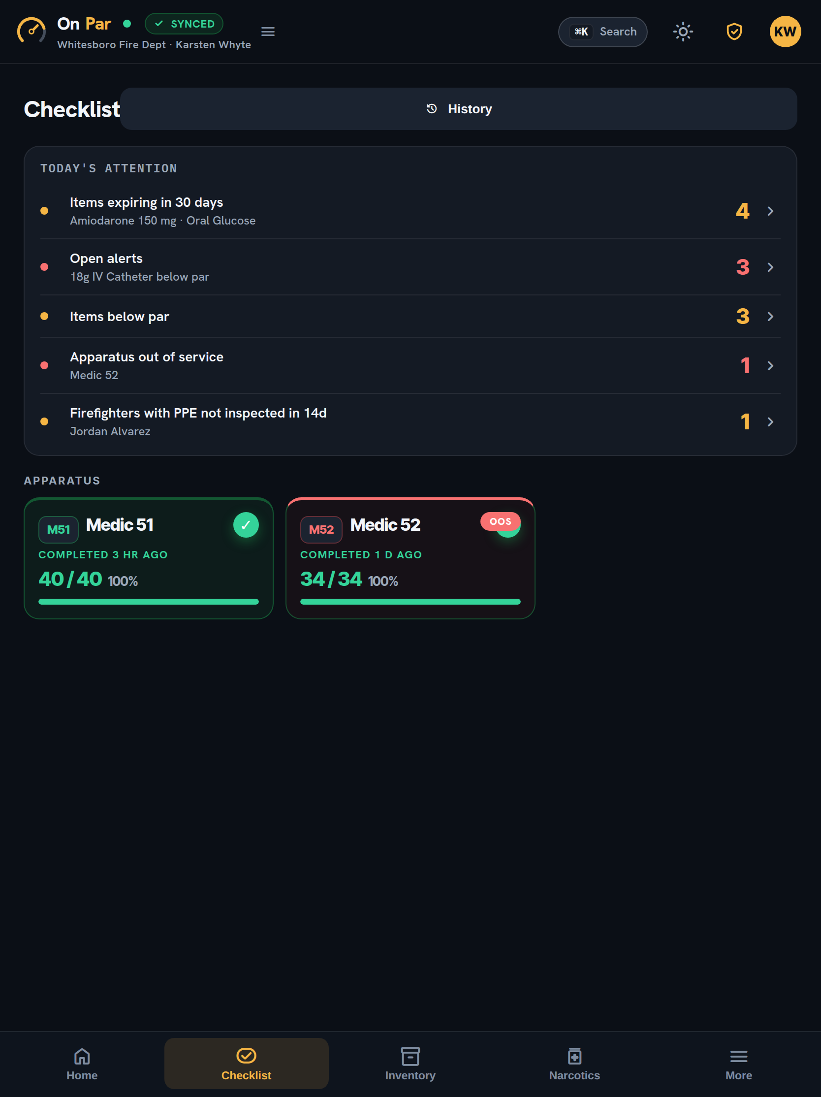 OnPar on iPad — checklists and inventory