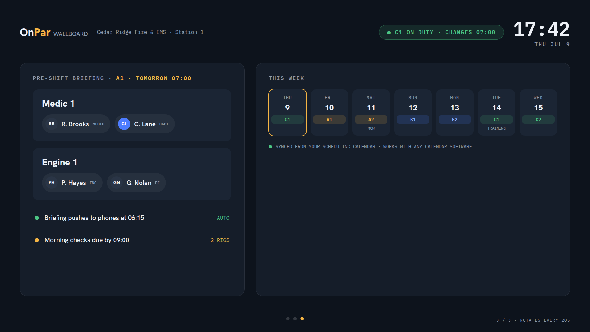 Wallboard — tomorrow's pre-shift briefing and weekly shift calendar synced from any calendar software